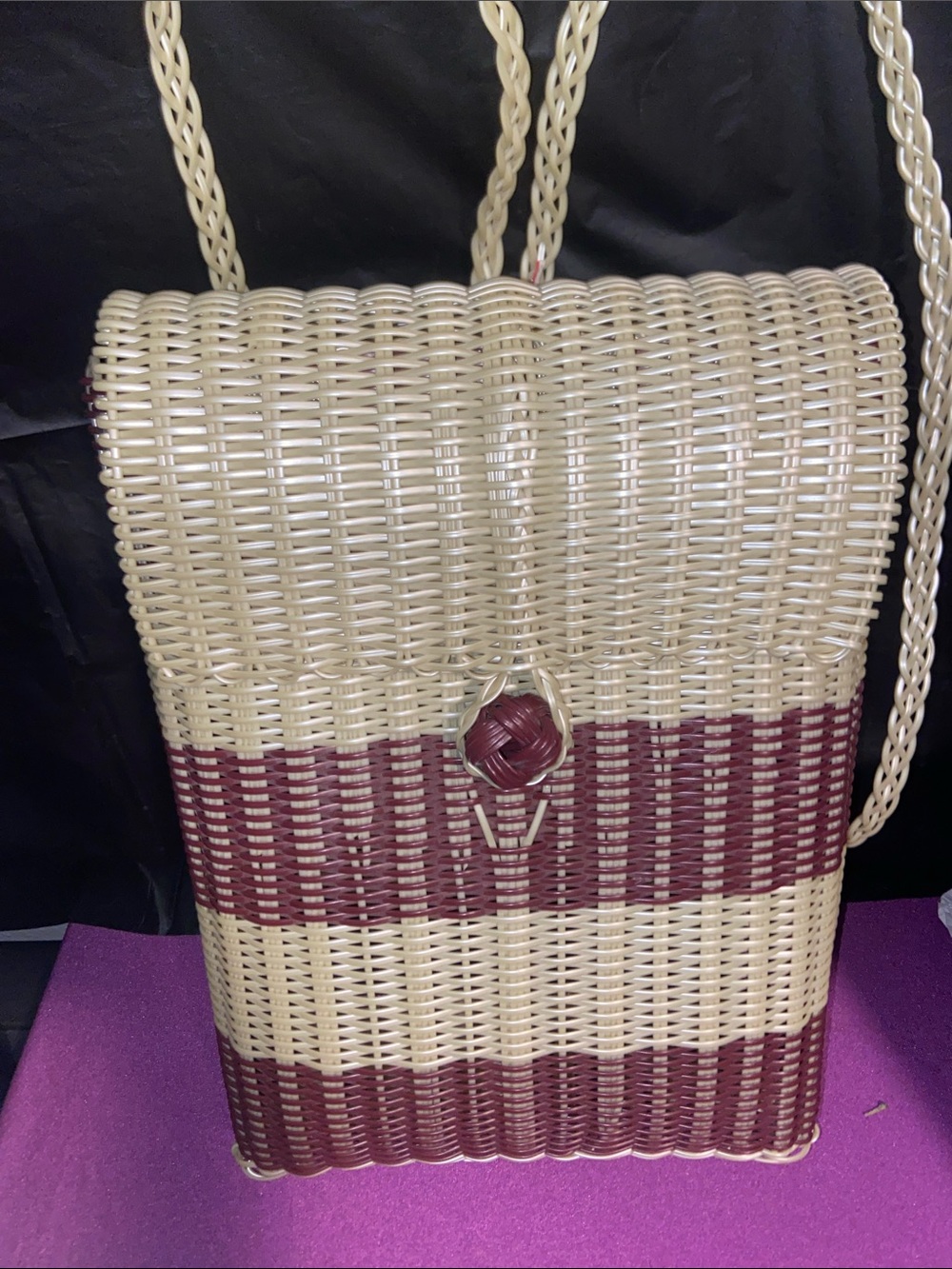 Handwoven cream and burgundy Backpack: Guatemalan